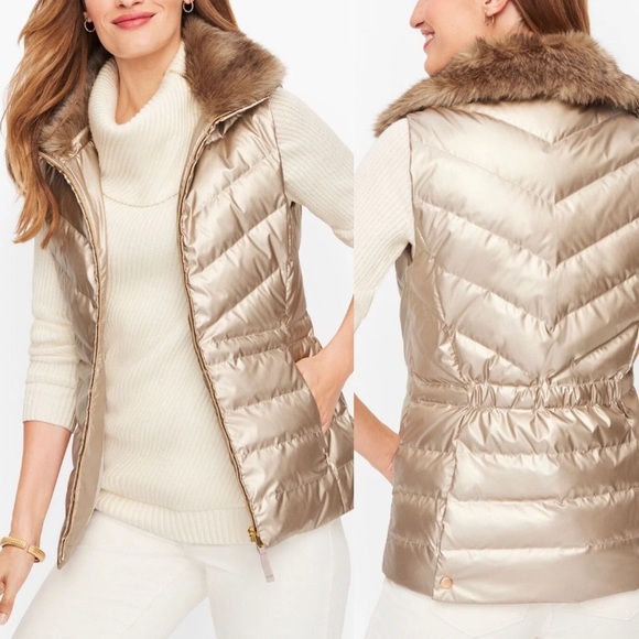 Talbots 'NWT' Metallic Down Puffer Vest With Detachable Faux Fur Collar Size L - Picture 1 of 13